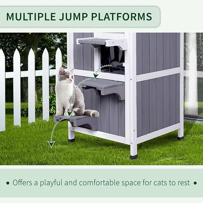 GEGURI Outdoor Cat House Weatherproof, Wooden Two-Story Feral Cat Shelter with Openable Roof, Escape Door, Balcony
