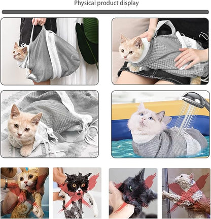 Adjustable Multifunctional Anti-Bite Shower net Bag，Cat Grooming Mesh Bag, Cat Bathing Bag，Cat Bath Brush and Cat Nail Clipper