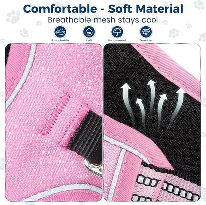 Funfox Dog Harness No Pull, Adjustable Pet Vest Harness, Super Soft Material with Vertical Handle Easy Control, Reflective Night Walking, 2 Leash Clips for Small Sized Dogs, Pink, S