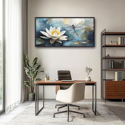 Extra Large Lotus Dragonfly Framed Wall Art for Living Room,Abstract Blue Lotus Flower Lake Pictures Wall Decor,Nature Canvas Print Painting Modern Artwork Bedroom Office Bathroom 60L" x 30W"