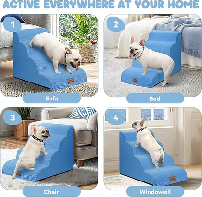 Dog Ramp and Stair for Bed 16" H-20 H,3-Step Cat Stair for Sofa and Chair,4-Step Dog Ramp for High Bed and Window,Durable Nonslip Fabric Cover for Indoor (Blue-20“H, Pet Friendly, 4)