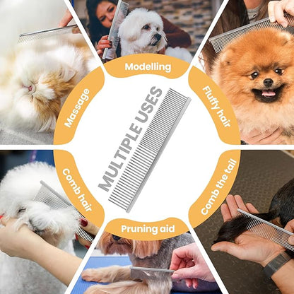 7.5 Inch Professional Stainless Steel Pet Grooming Comb for Dogs & Cats, Wide & Dense Teeth for Removing Tangles, Knots,Undercoat,Flea,Excess Hair, Rounded Corners Design for Safe,Metal Dematting Tool