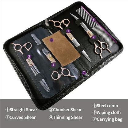 Fenice Peak 8‘’ Professional Dog Grooming Scissors Set Rose Gold 440C Stainless Steel Straight Thinning Curved Chunker Shears 4pcs Set for Pet Grooming Services Dogs and Cats