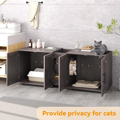 Gaomon Litter Box Enclosure with Double Room,Cat Hidden Litter Box Enclosure Furniture for 2 Cats with Double Room, 55”L x 17.7”W x 22.5”H Cat House,Wooden Enclosed Cat Litter Box Furniture,Walnut
