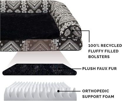 Furhaven Orthopedic Dog Bed for Large Dogs w/ Removable Bolsters & Washable Cover, For Dogs Up to 95 lbs - Plush & Southwest Kilim Woven Decor Sofa - Black Medallion, Jumbo/XL