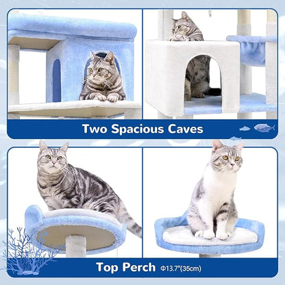 Globlazer Heavy Duty Cat Trees for Large Cats, Sturdy 72in Maine Coon Cat Tree for Large Cats 20 lbs+ Heavy Duty Cat Tower for Adult Biggest Cat with 6 Scratching Posts, Hammock, S72, Ocean Blue