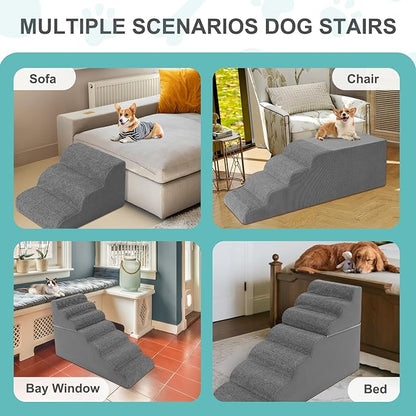 7-Step Dog Stairs for High Bed - 29.5" Adjustable Dog Ramps for Couch, Non-Slip Sturdy Pet Steps for Small Dogs, Washable Cover, Removable Modular Design, Dual 11.8” & 17.7” Steps for Custom Height