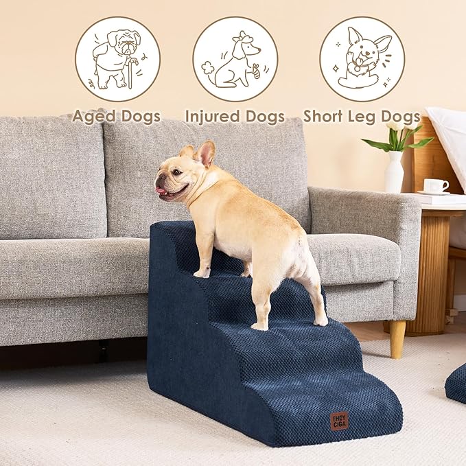 EHEYCIGA Curved Dog Stairs Ramp for High Beds 19.7" H, 4-Step Dog Steps for Small Dogs and Cats, Pet Stairs for High Bed Climbing, Non-Slip Balanced Pet Step Indoor, Navy