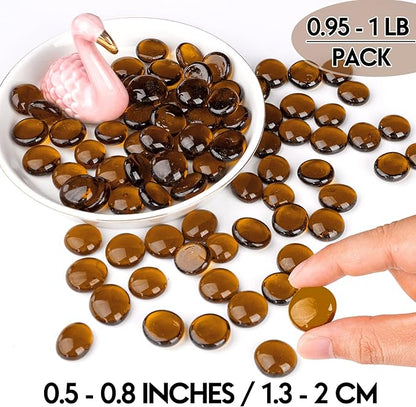 1LB Glass Marbles, Transparent and Smooth Flat Glass Beads for Vases, Mosaic Gem Pebbles for Aquarium Decor, Floral Arrangements, Mancala Stones, Vase Filler and Crafts, Brown