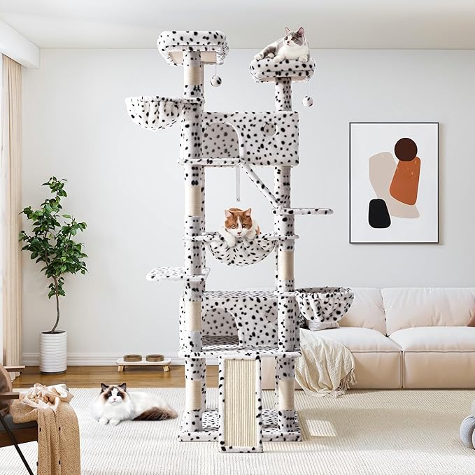 Allewie 81 Inches Tall Cat Tree/Multi-Level Large Climbing Tree House and Towers for Big Feline/Condo and Hammock/Scratching Post/Wide Base/White & Black Spot
