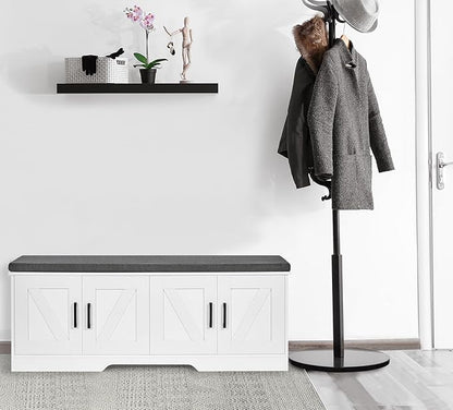 2-Tier Storage Bench, Shoe Bench with Padded Seat Cushion, Entryway Bench with 4 Barn Doors, Adjustable Shelf, 13.8" D x 47.2" W x 17.7" H, for Entryway, Living Room, Bedroom, White