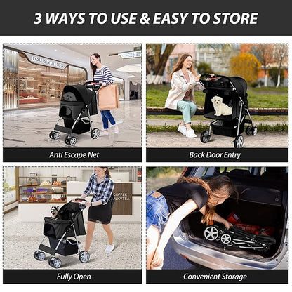 4 Wheels Pet Stroller for Small Medium Dogs Cats 10-33 lbs, Foldable Dog and Cat Stroller with Cup Holder & Storage Basket & Breathable Mesh, Pet Strolling Cart for All-Season, Black