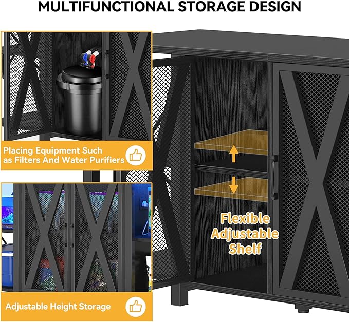 DWVO Reptile Tank Stand Aquarium Stand with Power Outlet & LED Light, 75/90/120 Gallon Terrarium Stand Cabinet - Heavy Duty Fish Tank Stand for Turtle Tank, Reptile Terrarium, 2000LBS Capacity, Black