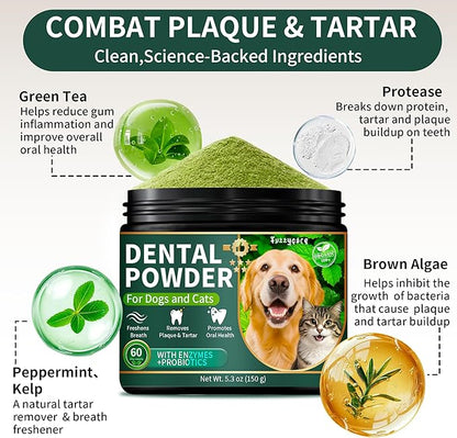 2 Pack Dog Dental Powder, Dog Teeth Cleaning Powder with Natural Herbal Blend & Postbiotics, Dental Powder for Dogs Teeth, Targets Tartar & Reduces Plaque & Bad Breath for Dogs & Cats, Mint -150Grams