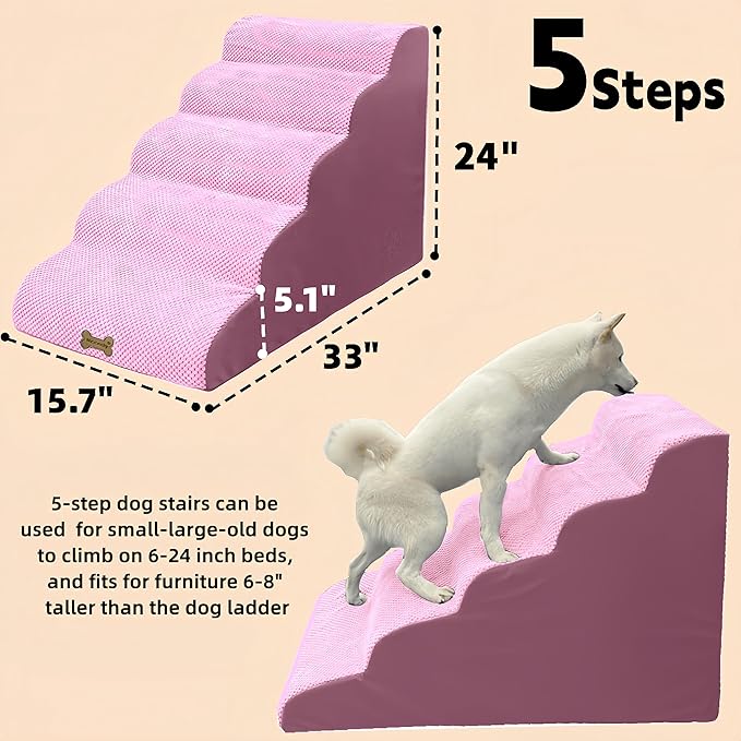 Dog Stairs & Pet Ramp for Small/Large Dogs to High Beds/Couches - 5 Steps 24-inch Height for 18-30 inch Furniture, 2 Washable Covers (Pink, Grey), Non-Slip Balanced 33D Design for Old Dogs & Cats