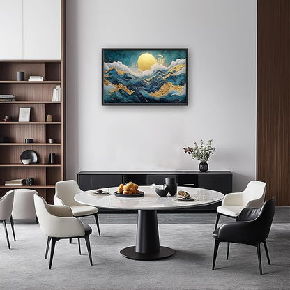 Framed Large Sun Mountain Wall Art, Oversized Teal and Golden Sun Wall Decor for Living Room, Abstract Landscape Canvas Painting Modern Artwork Home Decoration for Living Room Bedroom 36"x24"