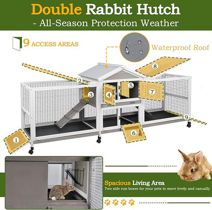 Double Rabbit Hutch Outdoor Indoor Large Bunny Cage with Dual Side Runs, 2-Story Wooden Hutch with 4 Leak Proof Trays, 8 Wheels, Waterproof Roof, Ramp, for Small to Medium Animals