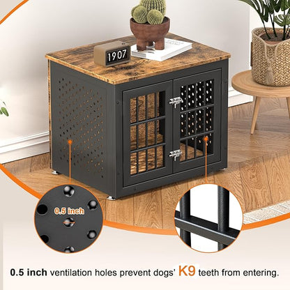 26" Heavy Duty Dog Crate Furniture for Small Dogs, Metal Kennel for High Anxiety Dogs, Chew Proof Pet Cage Indoor, Decorative Dog Kennel End Table