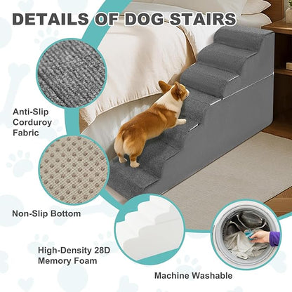 5-Step Dog Stairs for High Bed - 21.3" Adjustable Dog Ramps for Couch, Non-Slip Sturdy Pet Steps for Small Dogs, Washable Cover, Removable Modular Design, Dual 11” & 12.83” Steps for Custom Height