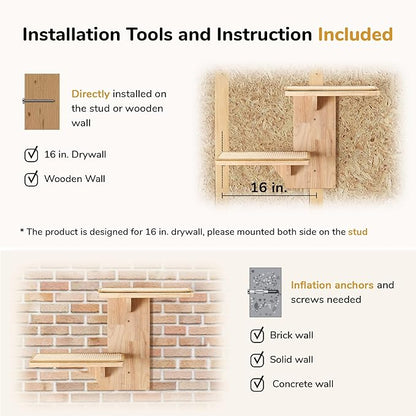 FUKUMARU Cat Wall Shelves, 2 Platform Kitten Wall Furniture, Tree Shape Wall-Mounted Floating Shelf with Sisal Mat, Solid Rubber Wood Cats Perch for 16 Inch Drywall, Suitable for Climb, Play, Nap