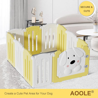 Foldable Dog Play Pen Indoors, Non-Slip Sturdy Puppy Playpen with Door, 25.5" H 10-Panel Adjustable Shape Dog Fence Pen for Small/Medium Dogs, Thickened, Easy to Store, White+Yellow