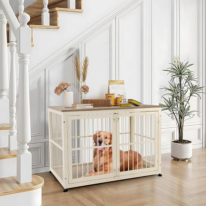 40 Inch Dog Crate Furniture for Large Medium Dogs, Wooden Heavy Duty Dog Kennel with Double Doors, Decorative Pet House Dog Cage Side End Table Indoor, Pet Cage Dog House, Beige