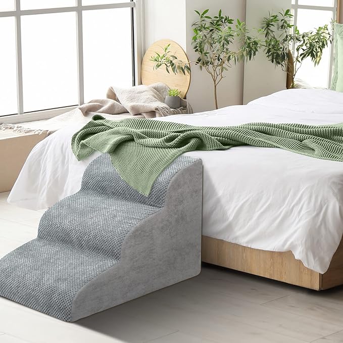 Dog Stairs for Small Dogs - High Density Foam Dog Ramp, Extra Wide Pet Steps with Non-Slip Bottom for High Beds, Couche and Sofa, Best for Dogs Injured, Older Doggy Cats (Grey, 3 Steps)