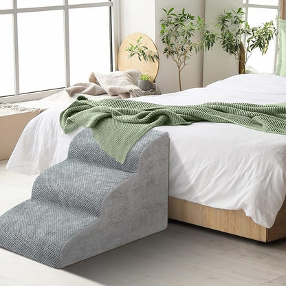 Dog Stairs for Small Dogs - High Density Foam Dog Ramp, Extra Wide Pet Steps with Non-Slip Bottom for High Beds, Couche and Sofa, Best for Dogs Injured, Older Doggy Cats (Grey, 3 Steps)