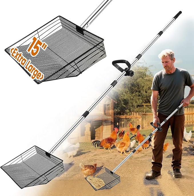 15 inch Extra Large Chicken Poop Scooper with Ergonomic Grip,5-in-1 Heavy Duty Adjustable Coop Scoop for Poop (24 to 68"), Stainless Steel Sifting Litter Shovel Scoop for Chicken Coop