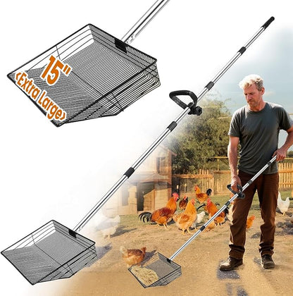 15 inch Extra Large Chicken Poop Scooper with Ergonomic Grip,5-in-1 Heavy Duty Adjustable Coop Scoop for Poop (24 to 68"), Stainless Steel Sifting Litter Shovel Scoop for Chicken Coop