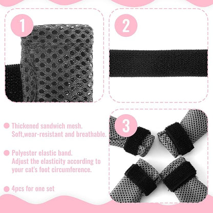 4Pcs Cat Shoes, 3.62×1.57 Inches Anti Scratch Cat Mittens, Breathable Mesh Nail Caps for Cats Claws, Adjustable Cats Claw Covers for Pet Bathing Feeding Cutting Nails(Gray)