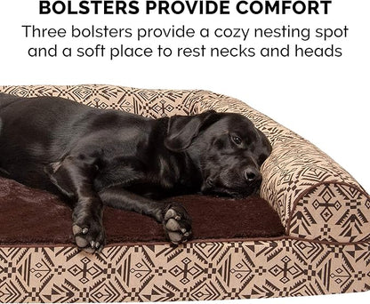 Furhaven Orthopedic Dog Bed for Large Dogs w/ Removable Bolsters & Washable Cover, For Dogs Up to 95 lbs - Plush & Southwest Kilim Woven Decor Sofa - Desert Brown, Jumbo/XL