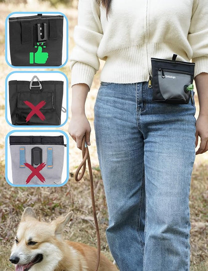 Gobeigo Dog Treat Pouch and Training Clicker, Upgrade Two Magnetic Closure to Prevent Spills, 2 Cup Treat Bag with Poop Bag Dispenser, Metal Clip Waist Belt Fanny Pack for Pet Walking (Black/Gray)