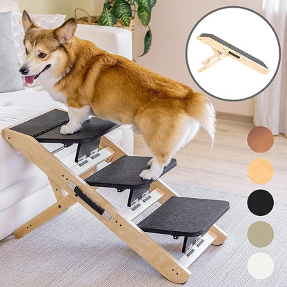 Dog Steps for Bed & Couch 2-in-1 Dog Stairs/Ramp - Height Adjustable Dog Ramp for Couch 7” - 20” - Pet Stairs, Dog Stairs for Small Dogs - Easy to Move Pet Steps with Landing Platform, Natural