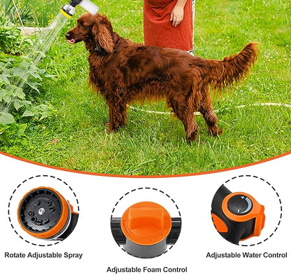 Dog Washing Hose Attachment, 10-in-1 Soap Sprayer Moden Garden Hose Nozzle with 100cc Soap Dispenser, Dog Wash Supplies with Dog Bath Brush & Pet Comb, Foam Gun Car Wash Sprayer (Orange)