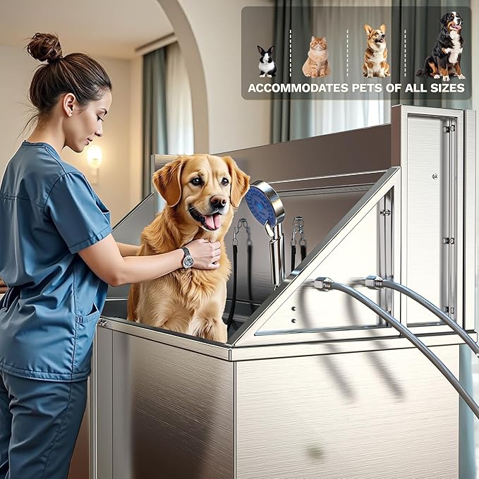 DWVO Professional Dog Bathing Station Stainless Steel 304 Pet Bathtub, 50in Dog Grooming Tub w/Right Door Ramp, 2 Storage Drawers, Grate, Pet Washing Station for Large, Medium, Small Pets