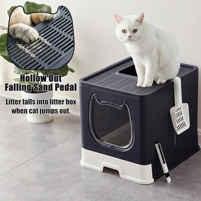 Gefryco Litter Box with Lid for Small to Medium Cats, Enclosed Cat Litter Box with Cover，High Sided Top Entry Cat Box with Brush and Scoop, Cute Kitty Litter Pan with Drawer for Growing Kitten(Black)