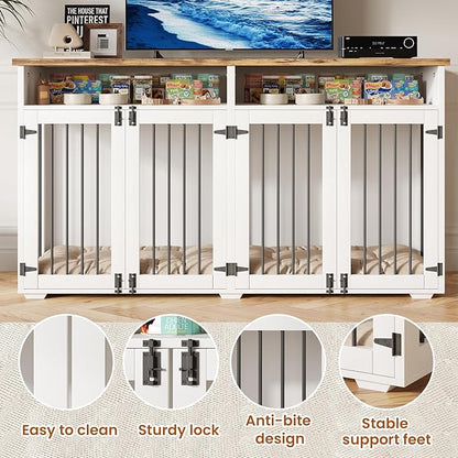 63'' Dog Crate Furniture for 2 Dogs, Wooden Dog Cage with Storage Compartment, Indoor Dog Kennel with 4 Doors for Large/Medium Dogs, White