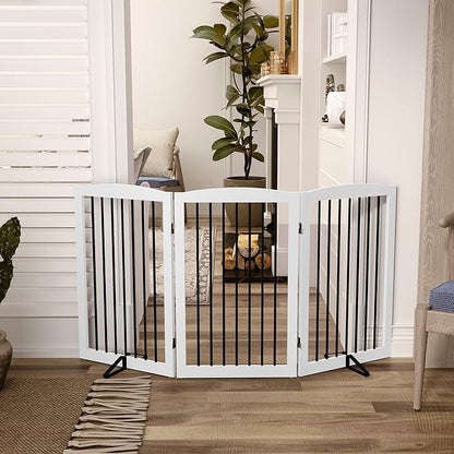 Freestanding Pet Gate for Dogs, Foldable Wooden Dog Gate for House Indoor, Tall Pet Fence for Stair, Doorway,Hall, Support Feet Included, 3 Panels 32",White
