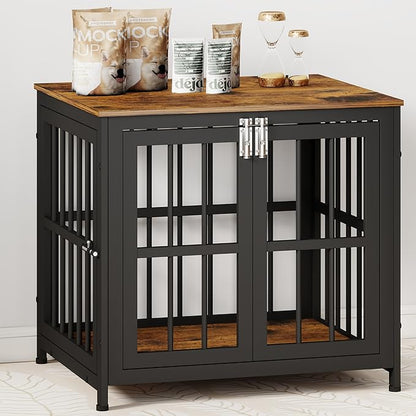 26 Inch Heavy Duty Wooden Dog Kennel End Table with Double Door Design and Secure Locks, Indoor Pet Crate Furniture for Small Dogs, Decorative Home Cage Design,Aged Black