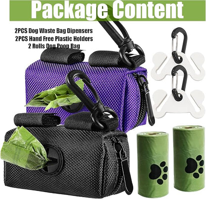2Packs Dog Waste Bag Dispenser Pet Poop Bags Holder for Doggie Waste Bags Dispensers Soft Fabric Zipper Small Doggy Puppy Pouch for Leash Accessory Attachment with Carrier (Black & Purple)