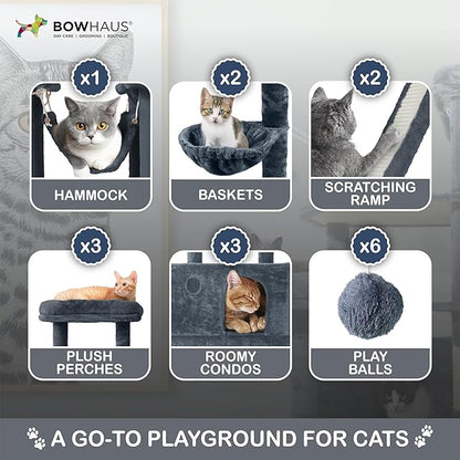 Extra Large 80-Inch Tall Cat Tree w/Widened Perch for Large Cats, Big Cat Tower Indoor, Modern Multi-Level Activity Tower with Scratching Posts, Condos, Baskets, Hammock, Scratching Ramps