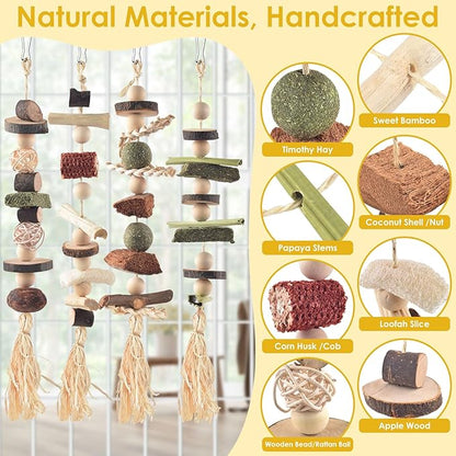 4 Pcs Bunny Chew Toys for Teeth, Hanging Rabbit Chewing Toy Treats with Timothy Grass & Natural Apple Wood, Improve Small Rodent Dental Health for Guinea Pig Hamster Chinchilla Rat Gerbil