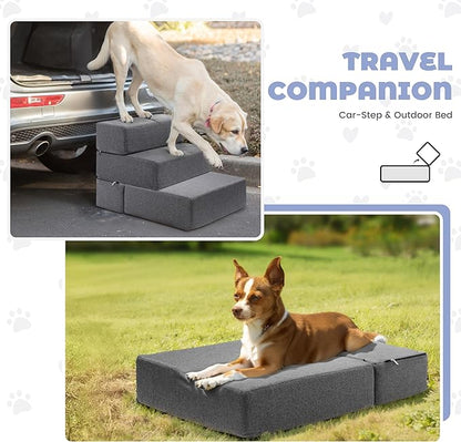 Foldable 18 Inch Wide 3 Step Wide Dog Stairs for Large Dogs, 18 Inch Height Foam Dog Steps for Bed & Couch, Linen Covered Pet Stairs for Dogs to Get on Bed, Outdoor Foam Pet Steps for for Cars & SUV