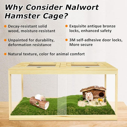 32" Hamster Habitat Enclosure, Lockable Sliding Door Gerbil Cage, Dwarf Hamster Cage with Metal Mesh Roof, Chewproof Syrian Hamster Cage for Mice, Small Animal, (Wooden, 32" L x 16" W x 16" H)