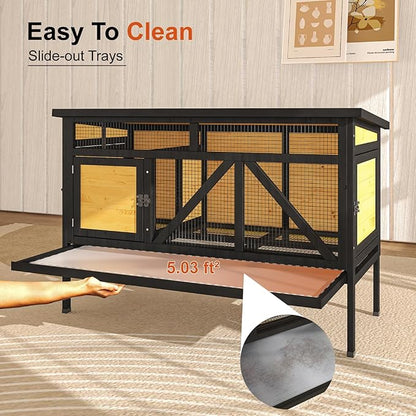 46.7" Rabbit Cage Elevated Bunny Cage Indoor, Outdoor Rabbit Hutch Hamster Cages for Small Animals, Wooden Guinea Pig Cages with Removable Tray & Waterproof Asphalt Roof & Bottom Wire Mesh