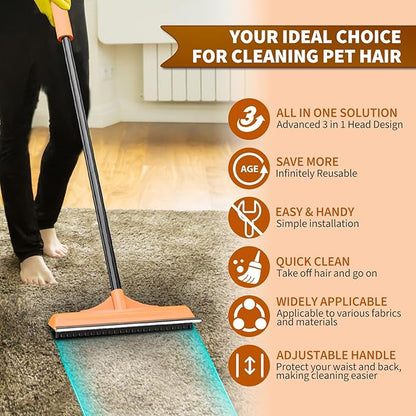 3 in 1 Carpet rake Kit for Pet Hair Removal Tool - Reusable Pet Hair Remover broom w 58"Adjustable Long Handle, Dog & Cat Carpet Scraper, Pet Hair Remover for Rugs, Mats, Couch, Curtains(Orange)