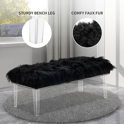 46 Inch Black Bedroom Bench, Benches for Bedroom White Faux Fur Upholstered Bed end Bench, Tufting Bench Indoor Bench with Acrylic Legs for Living Room Bedroom Dining Room Entryway, Black