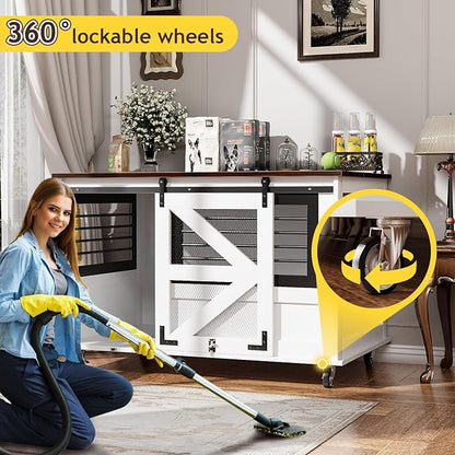 47 inch XL Dog Crate Furniture with Top-Access Teasing/Feeding Doors, Farmhouse Wooden Decorative Dog Crates with Wheels, Chew-Resistant Dog Crates End Table for Medium&Large Dogs, White