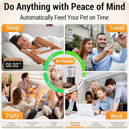 5L Automatic Cat Feeder with Sealed Outlet: 5G WiFi Automatic Dog Feeder with APP Control, Auto Cat Food Dispenser with Voice Recording for Pets, Detachable for Easy Clean - 21 Cup